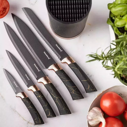 Klausberg virtuvinių peilių rinkinys su stovu, 5 dalių, juodas su rudos spalvos elementais KB-7799