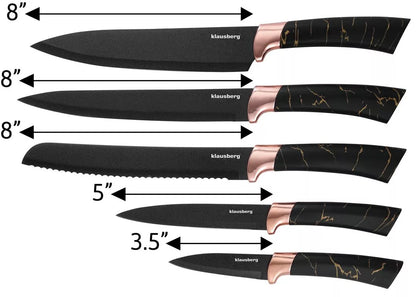 Klausberg virtuvinių peilių rinkinys su stovu, 5 dalių, juodas su rudos spalvos elementais KB-7768