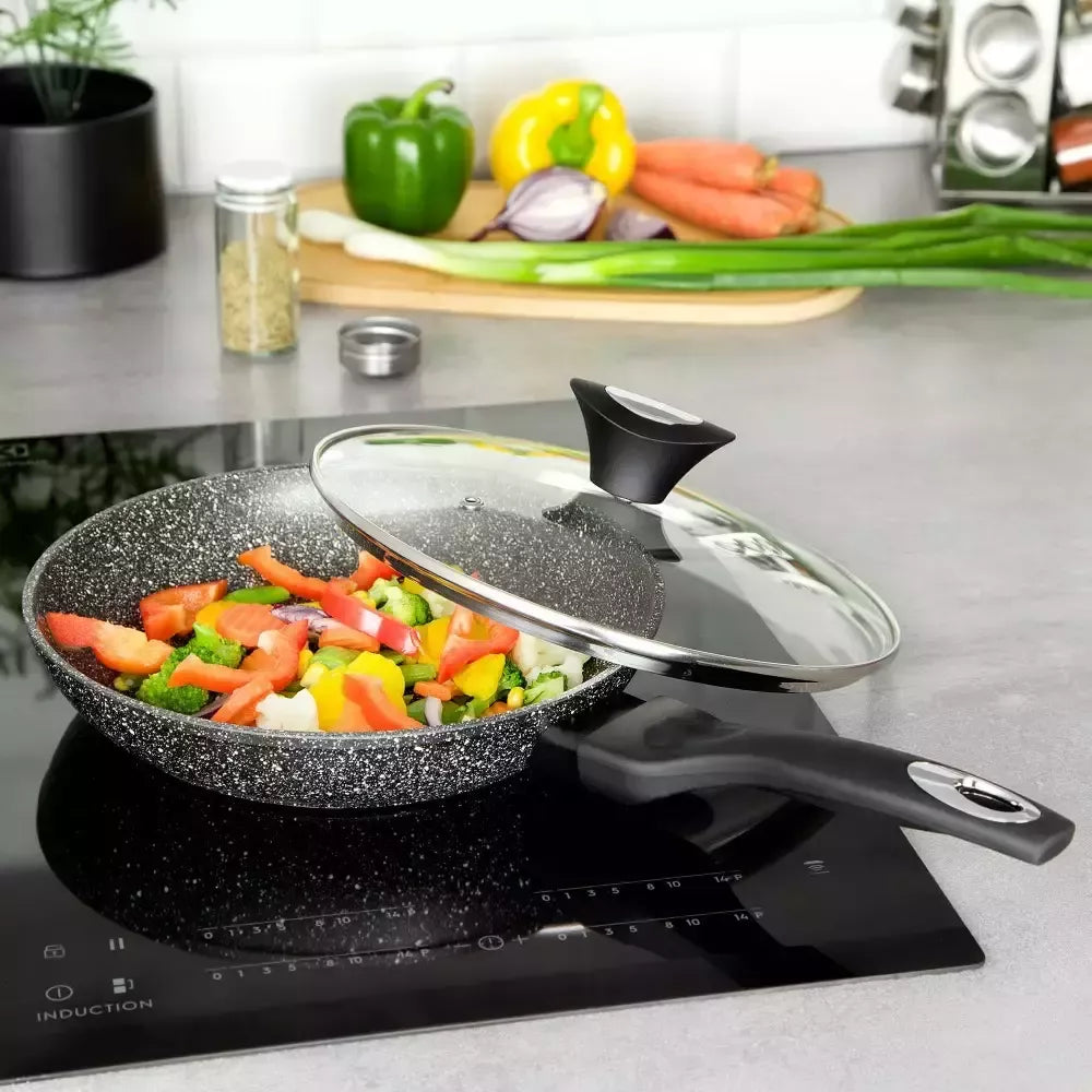 Aliumininė keptuvė su marmurine danga ir dangčiu, Ø28 cm, pilka KB-7041