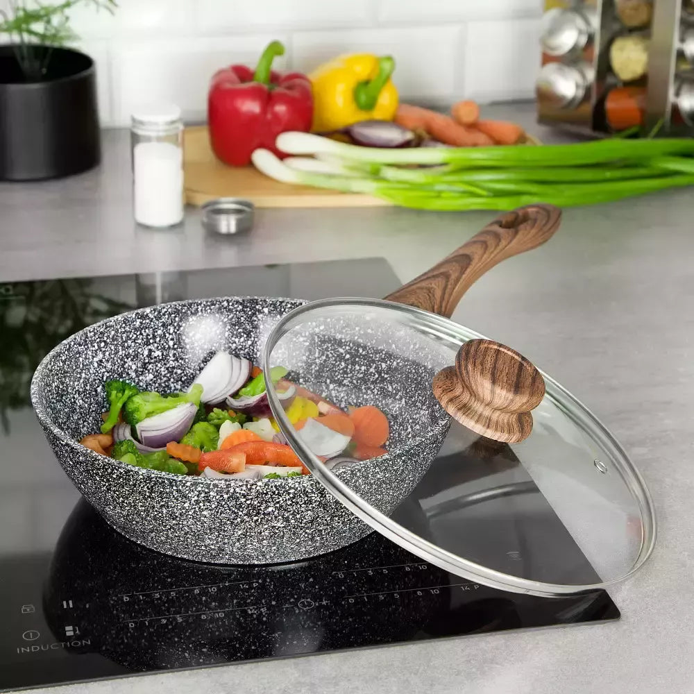 Aliuminis wok su marmurine–keramine danga ir dangčiu, Ø28 cm, pilkas KH-1584