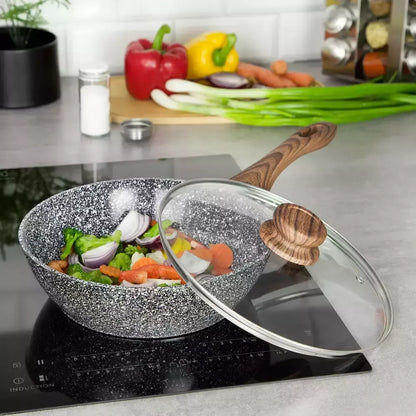 Aliuminis wok su marmurine–keramine danga ir dangčiu, Ø28 cm, pilkas KH-1584